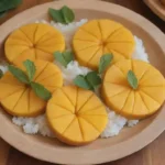 Mangos coloridos con arroz pegajoso y leche de coco en un plato de bambú
