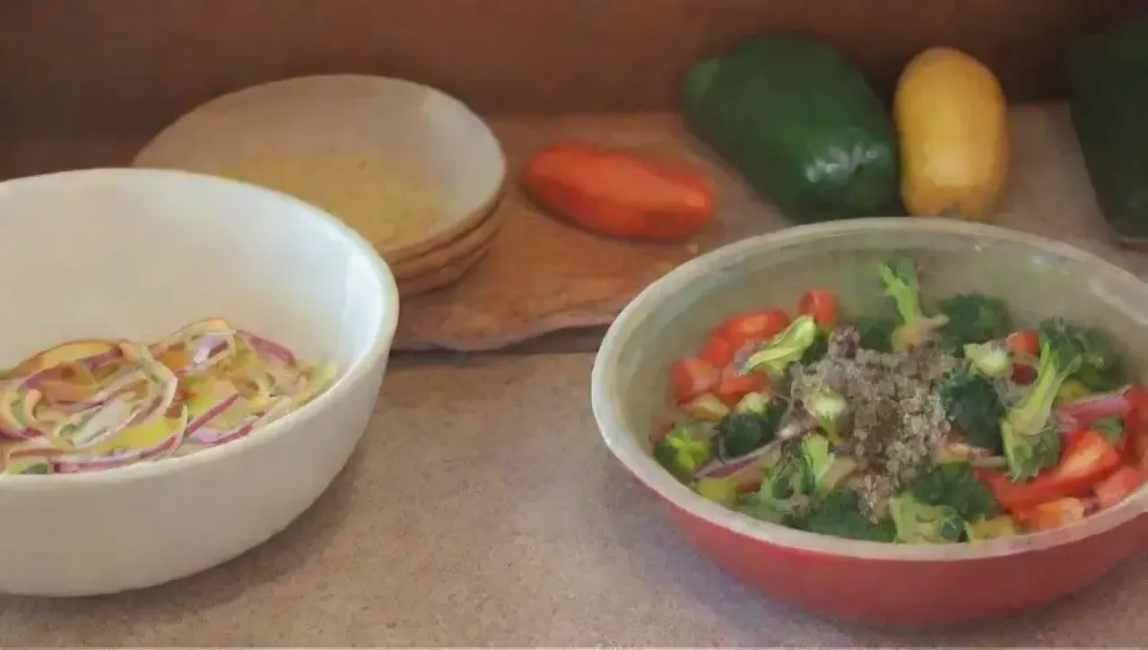 Una colorida y vibrante escena culinaria familiar llena de verduras frescas y un ambiente acogedor