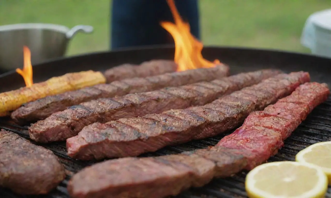 Guía de barbacoa tradicional con carnes a la parrilla, especias armenias y colores vibrantes