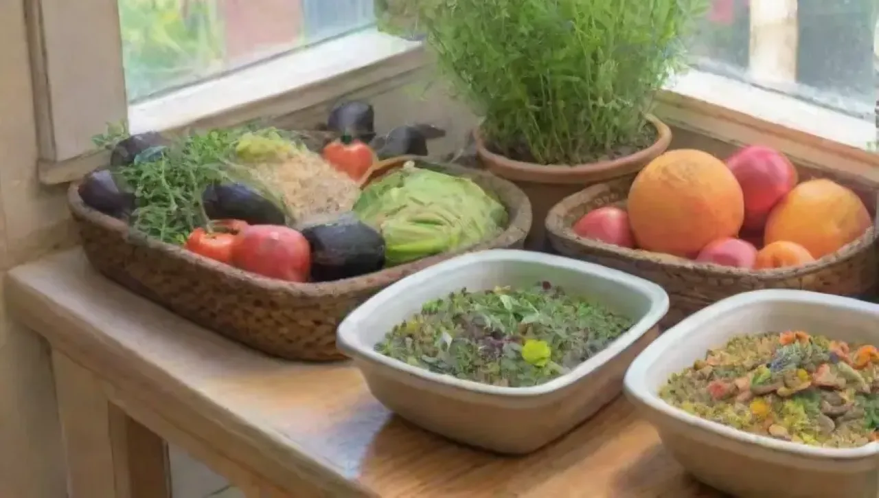 Una cocina acogedora y vibrante, llena de frescura y abundancia de vegetales y hierbas