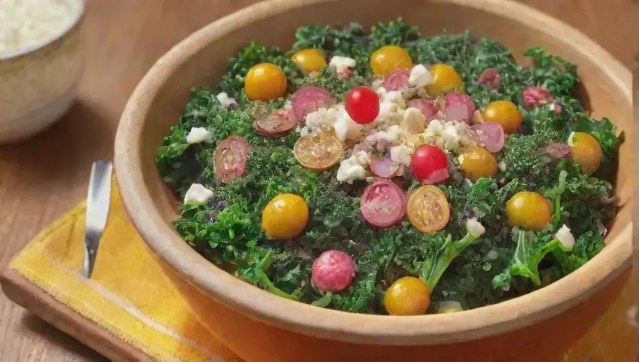 En un tazón de madera, kale verde vibrante, quinoa, tomates cherry, aguacate, rábanos, feta, limón, aceite de oliva, sal, hierbas frescas y un tenedor esperan para ser degustados