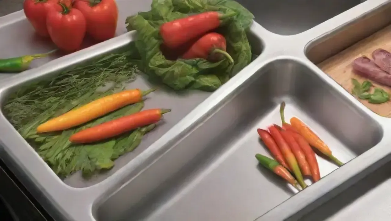 Un entorno de cocina moderno y limpio, con cuchillos brillantes y vegetales frescos listos para cocinar