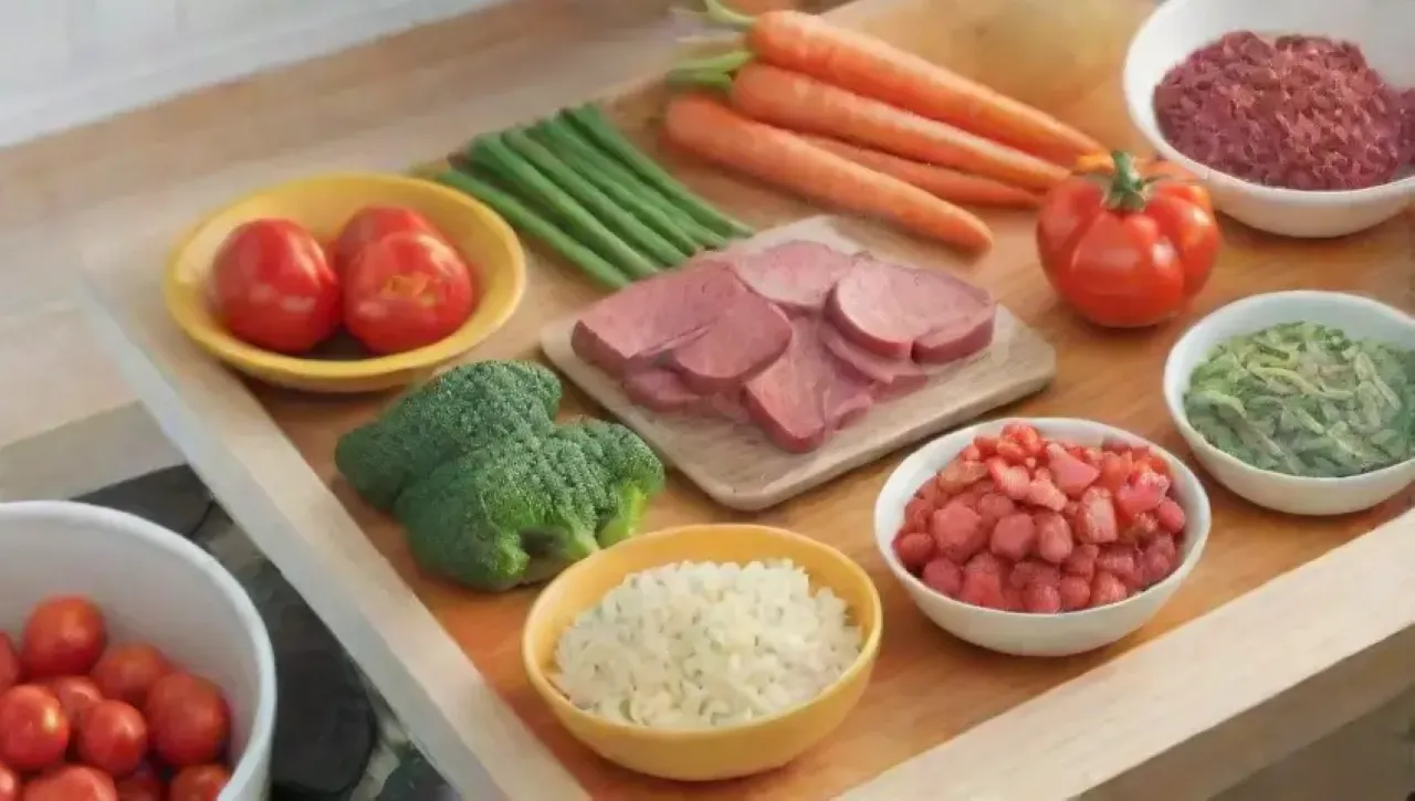 Una cocina acogedora llena de ingredientes frescos y una familia feliz compartiendo una comida