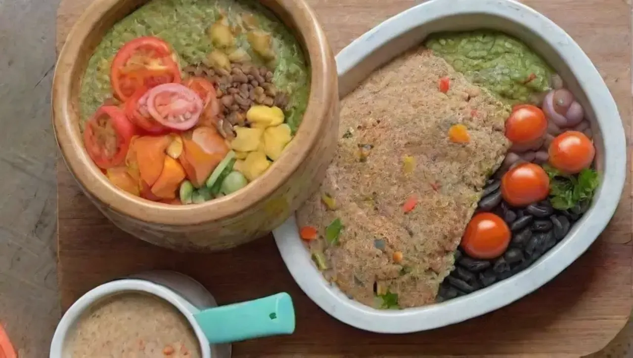 Una cocina acogedora llena de coloridos ingredientes frescos y deliciosas comidas