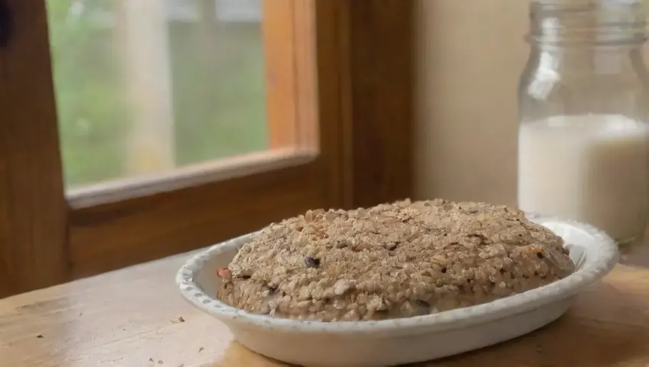 Barritas de avena doradas con miel, arándanos y plátano en una cocina acogedora