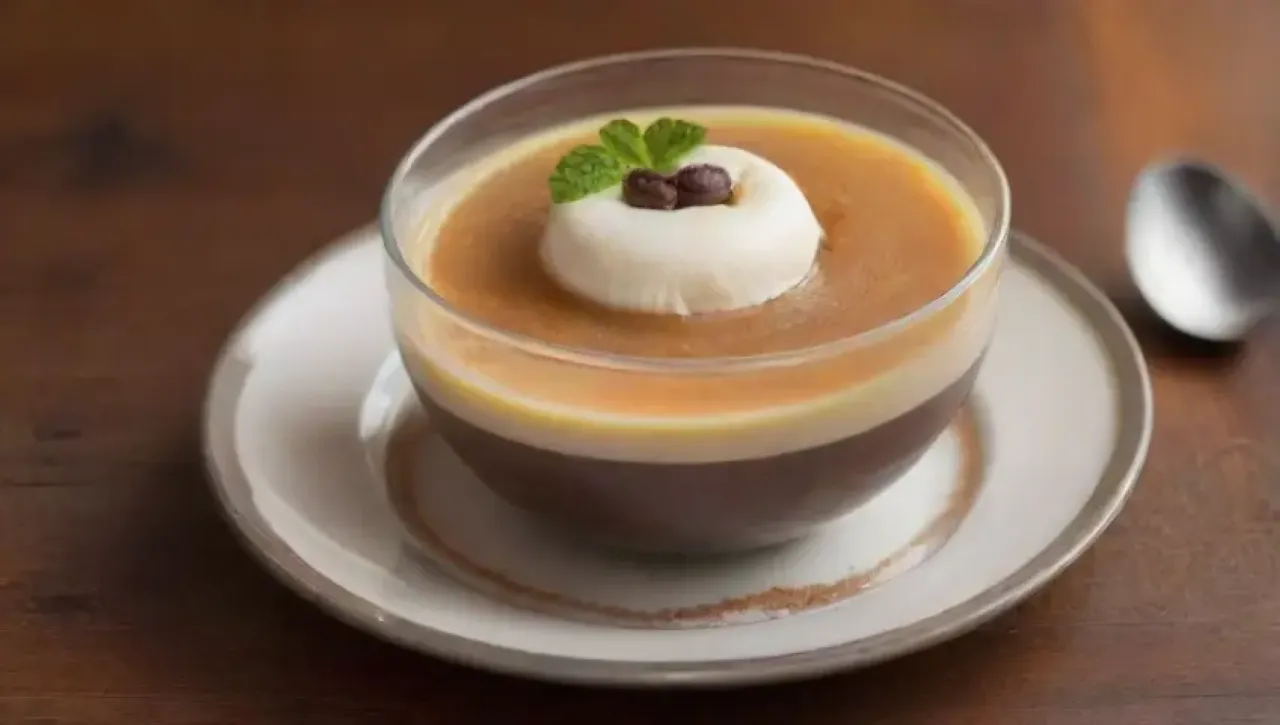 Panna cotta con café, caramelo y menta en un ambiente acogedor