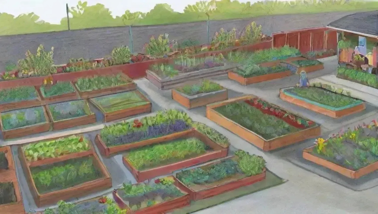 Un vibrante espacio urbano lleno de plantas, comunidad y naturaleza