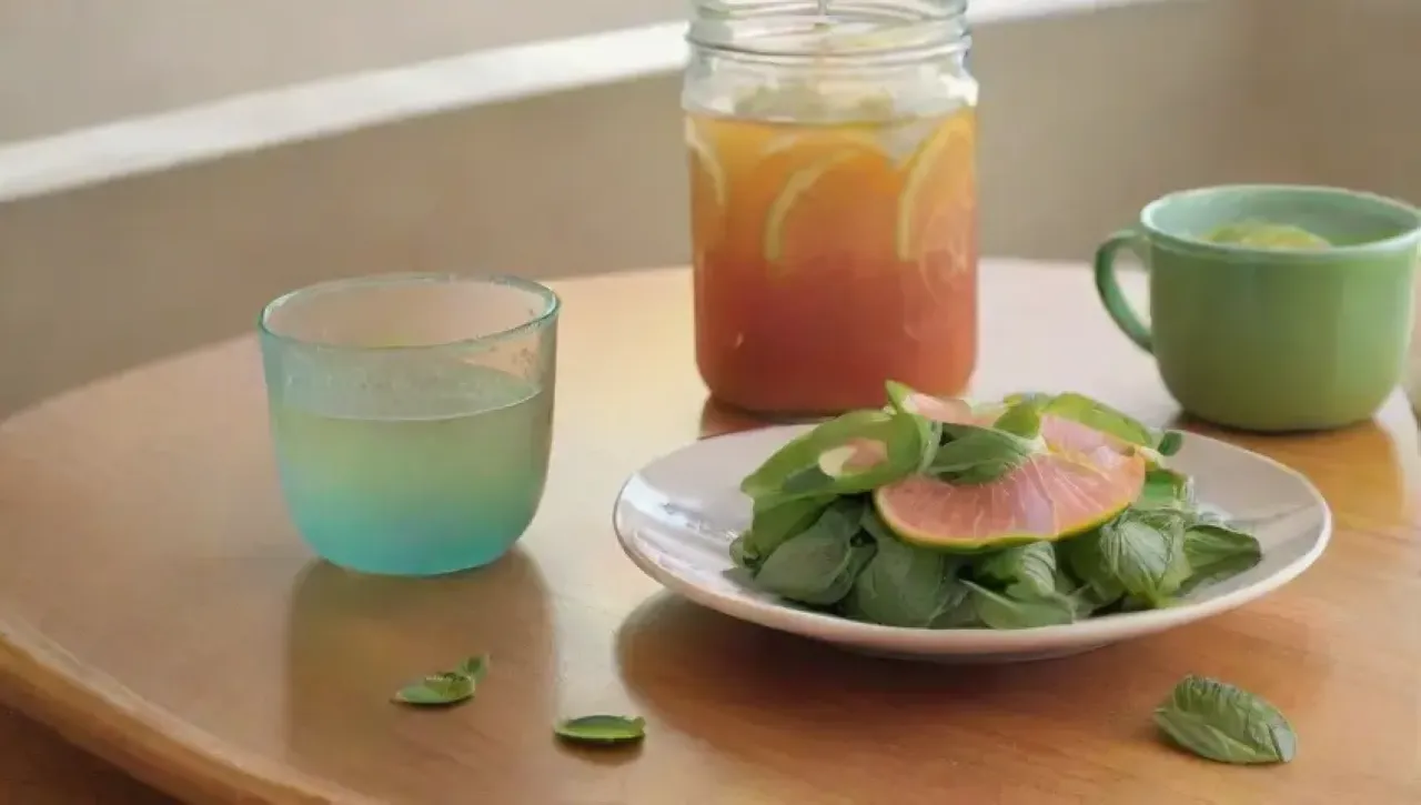 Un rincón acogedor de cocina con hojas verdes, frutas cítricas y tazas de té