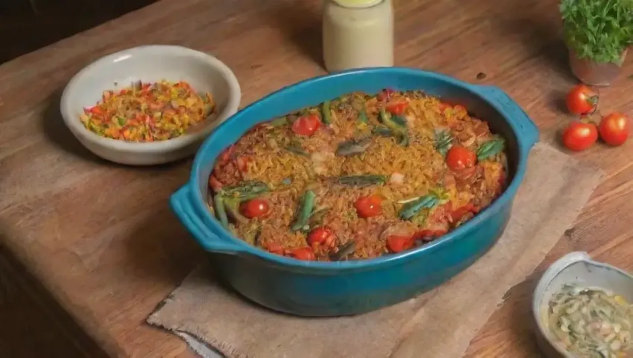 Una familia se reúne en una cocina acogedora para disfrutar de un festín vibrante y delicioso