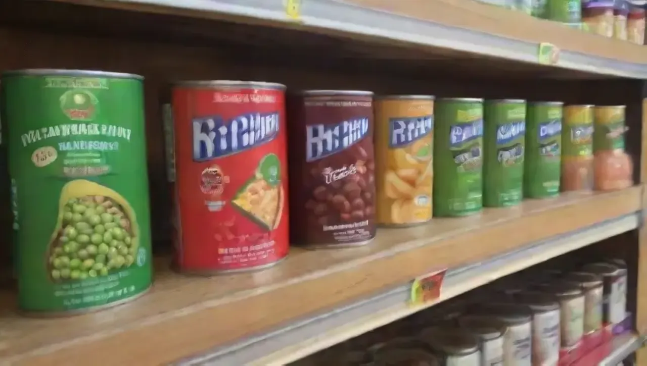 Latas coloridas de verduras en una estantería de supermercado iluminada por el sol