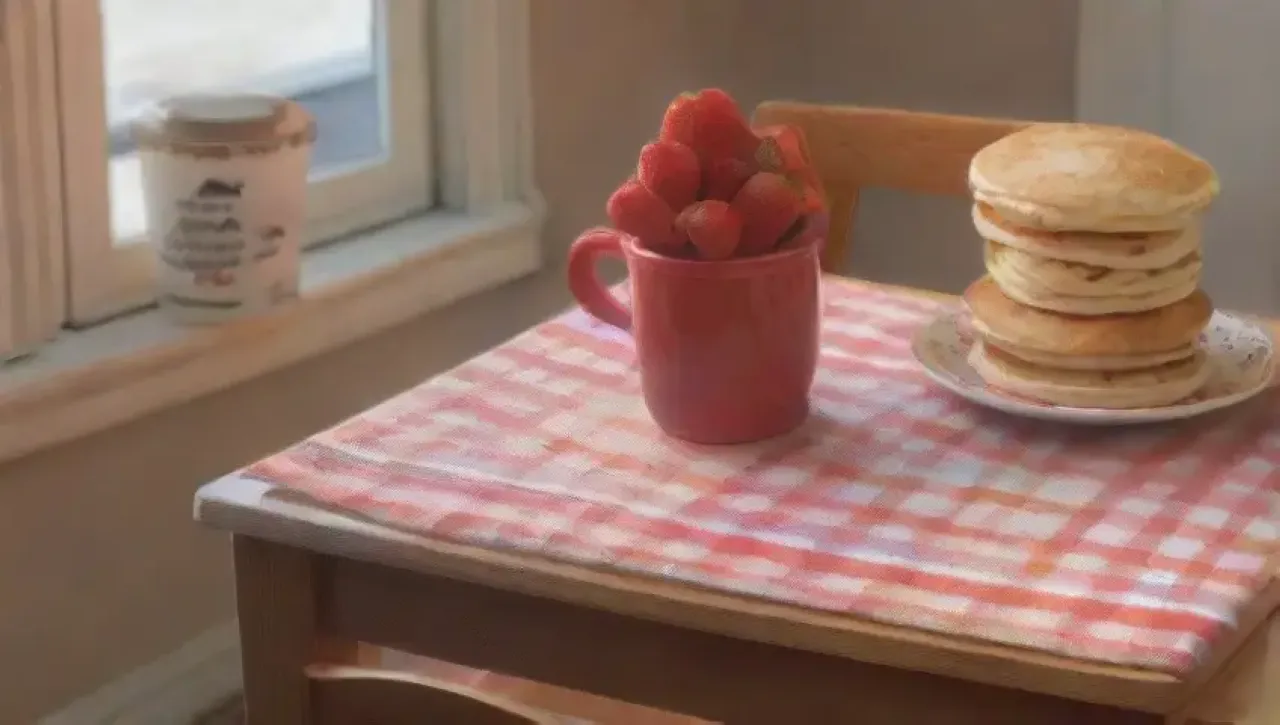 Una cocina acogedora iluminada por la mañana, con una mesa de madera, café, pancakes, frutas y un ambiente cálido y alegre