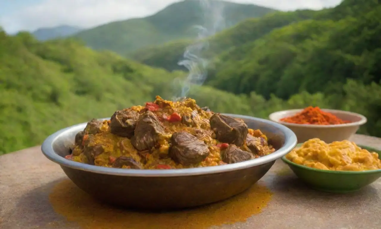 Colores vibrantes y deliciosa carne de cabra al curry en un paisaje tropical jamaicano