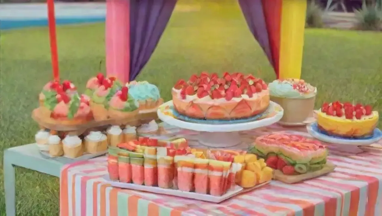 Una fiesta colorida y alegre con globos, personajes de dibujos animados, frutas frescas y decoraciones divertidas