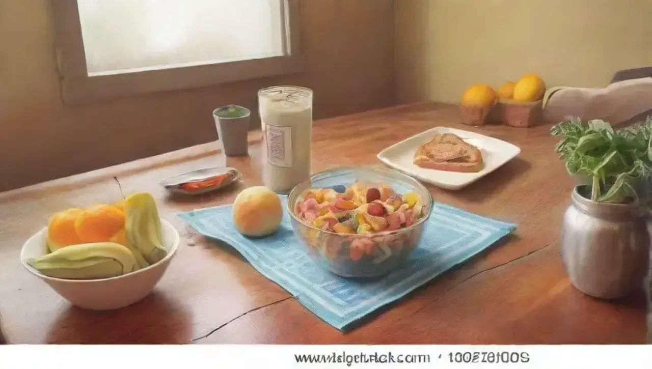 Una cocina vibrante y desordenada llena de frutas, utensilios y recordatorios de salud