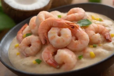 Plato vibrante de camarones con leche de coco y especias al estilo brasileño