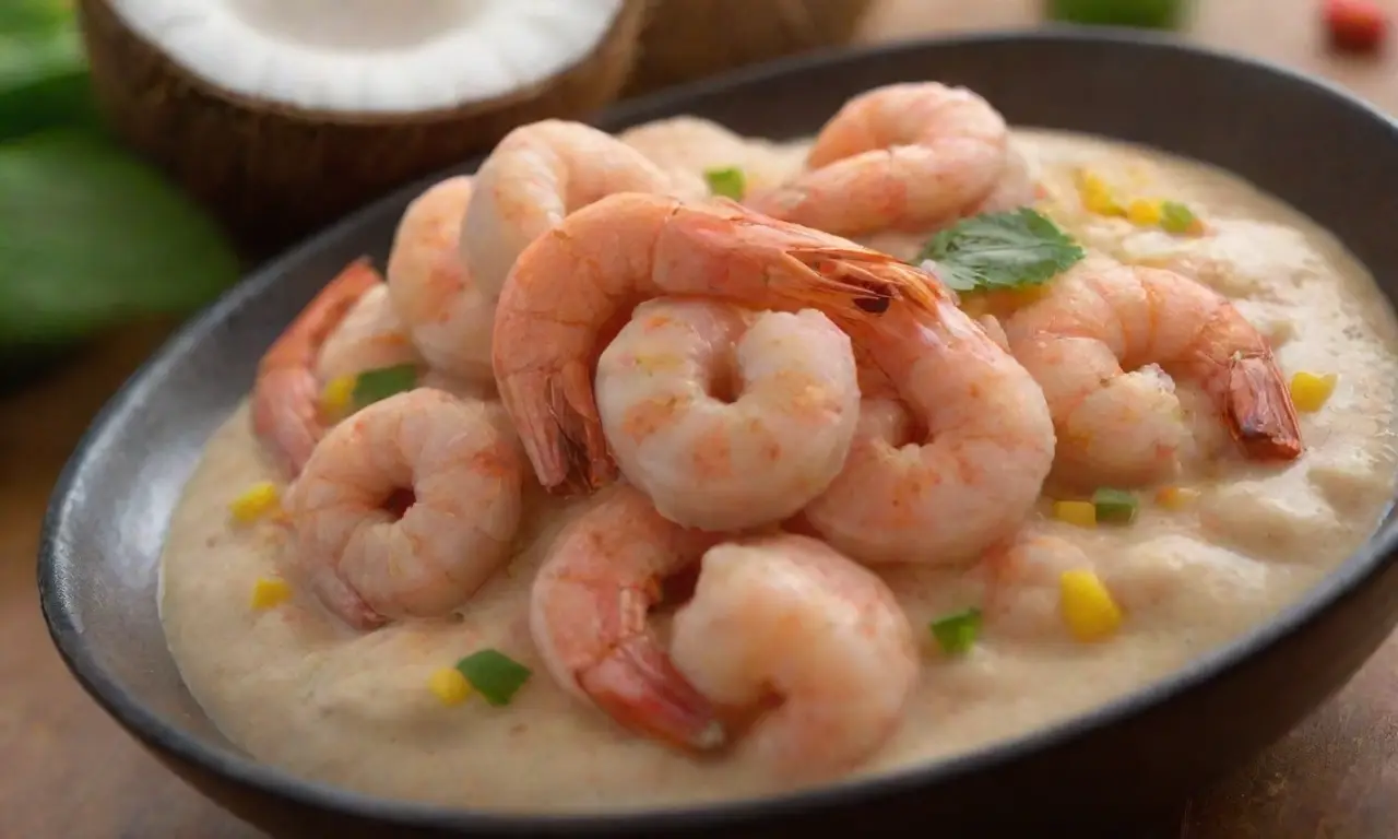 Plato vibrante de camarones con leche de coco y especias al estilo brasileño
