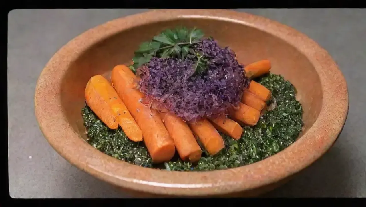 Una ensalada colorida de zanahorias, cebollas moradas, perejil, aceite de oliva, sal y limón en un plato cerámico