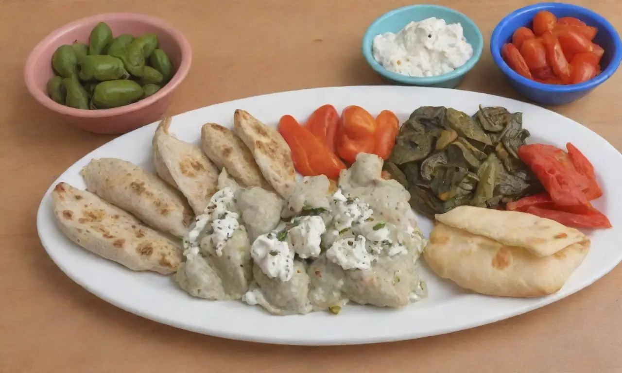 Plato griego de meze con aceitunas, feta, tzatziki, spanakopita, hojas de parra rellenas, halloumi a la parrilla, pimientos asados y pan pita