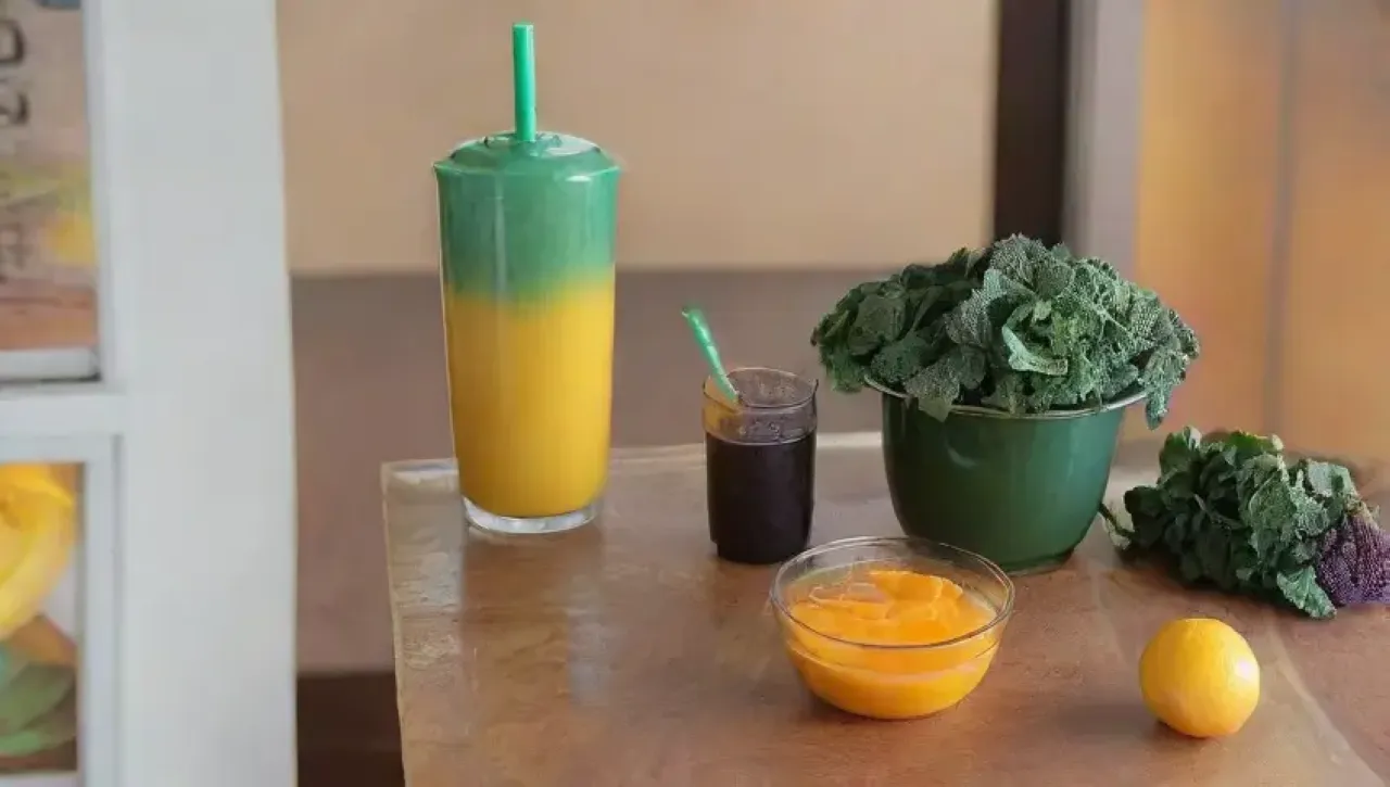 Un ambiente acogedor y vibrante con un smoothie colorido y frutas frescas