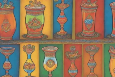 Bebidas kazajas tradicionales con coloridos diseños y un sabor refrescante festivo