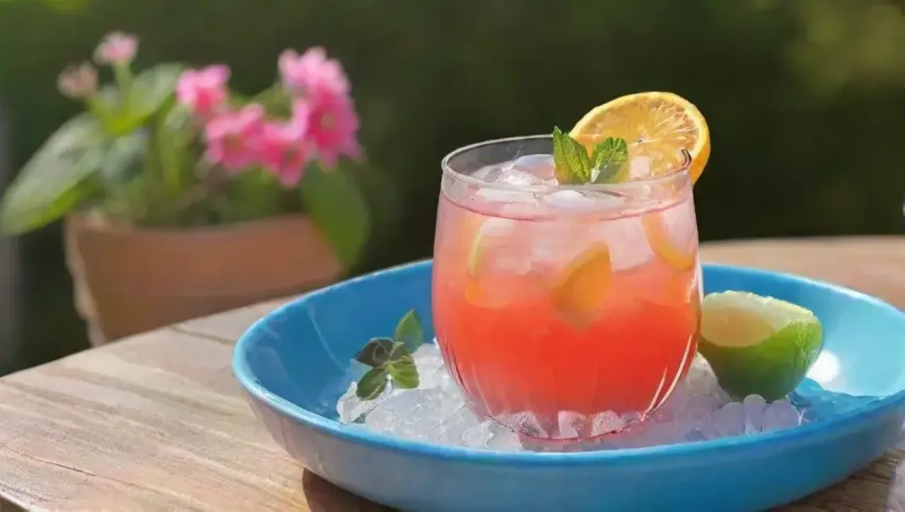 Un refrescante cóctel de pomelo rosa y Aperol en un patio soleado, rodeado de amigos y risas