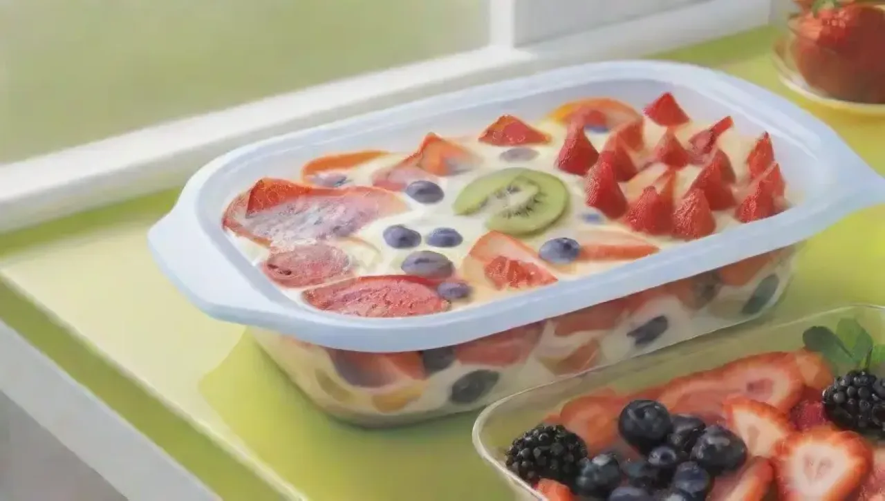 Un colorido postre de gelatina y frutas en un ambiente alegre y soleado