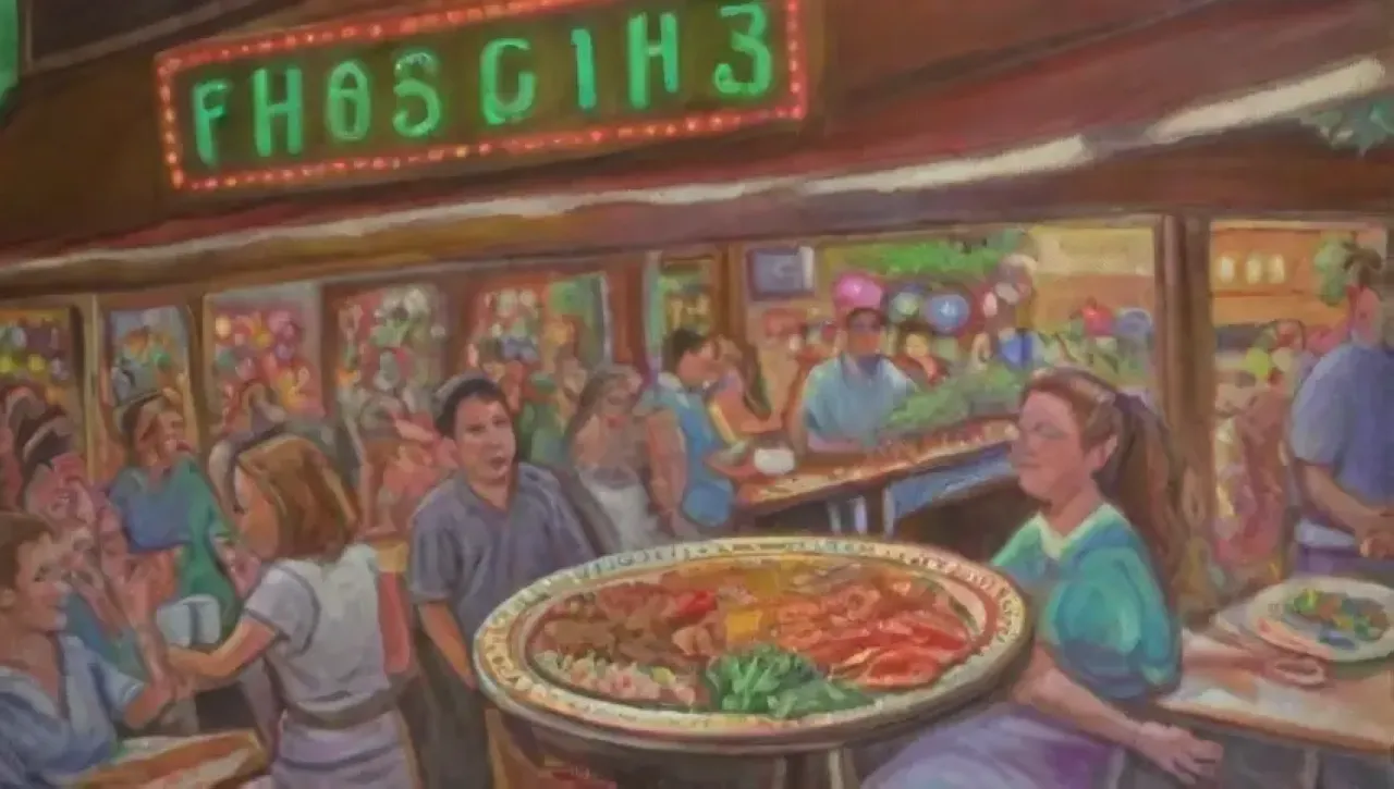 Un restaurante vibrante y acogedor, lleno de comida deliciosa, clientes felices y un ambiente festivo