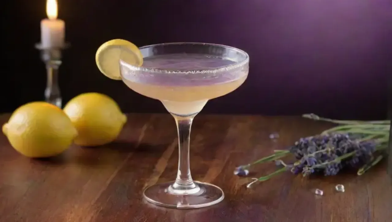Un elegante cóctel de lavanda con hielo y cítricos en un ambiente acogedor