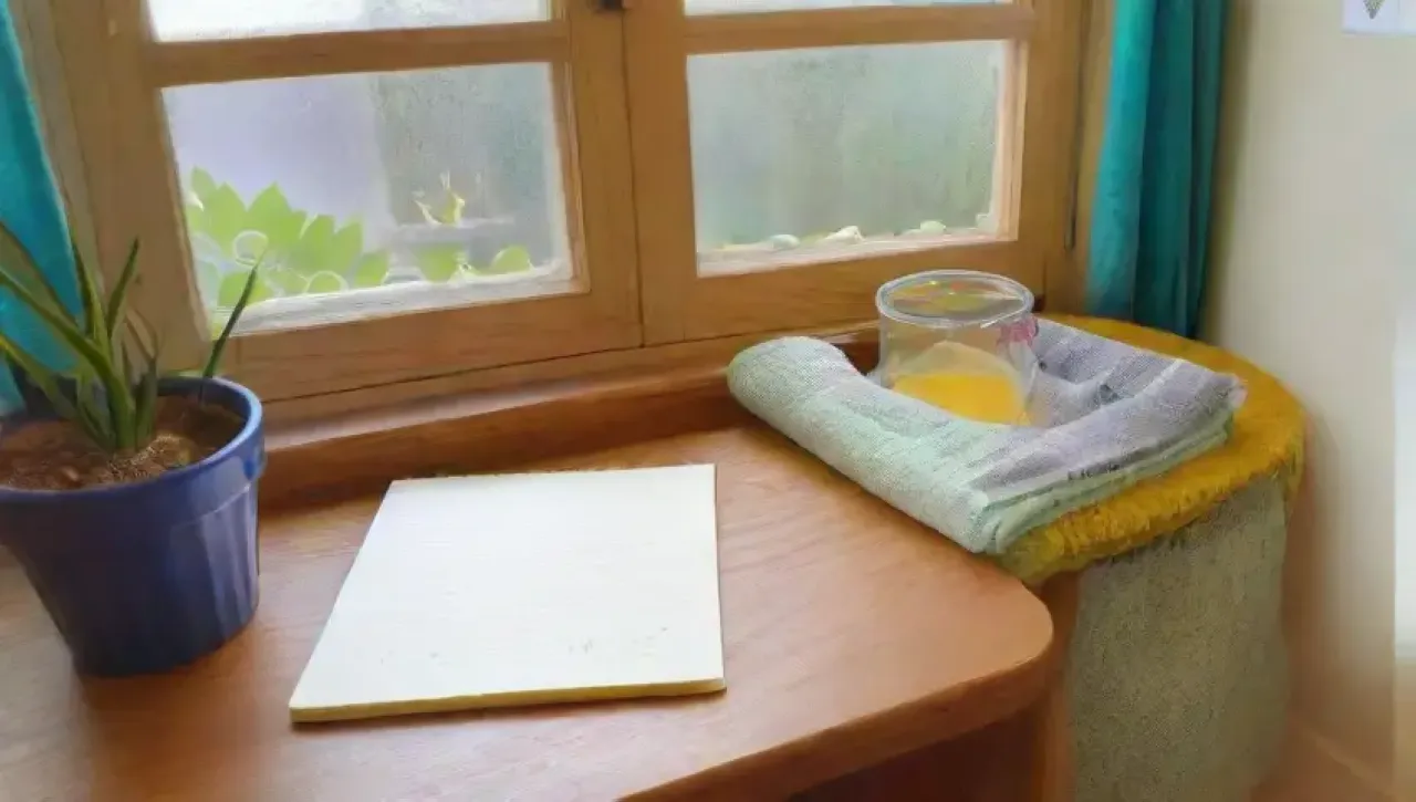 Ambiente acogedor y sereno con elementos naturales y motivacionales
