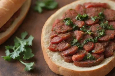 Choripán: chorizo en pan crujiente con chimichurri y toppings