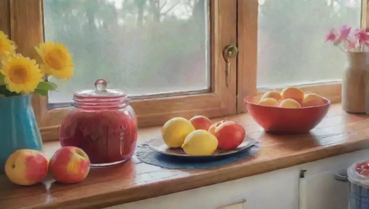 Una cocina vibrante y acogedora, llena de frutas coloridas y aromas, lista para crear deliciosas conservas