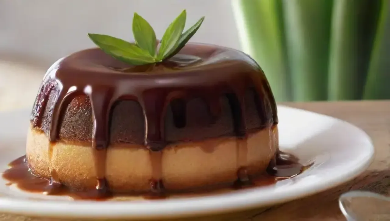 Flan de chocolate brillante y sedoso, servido en un plato blanco con un toque de caramelo y un ambiente acogedor
