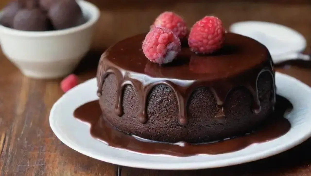 Un delicioso pastel de chocolate en un ambiente acogedor
