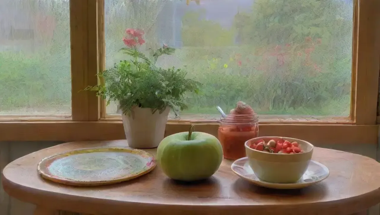 Una cocina serena y acogedora, iluminada por la mañana, llena de frutas, verduras, té, un diario, y un ambiente de paz y autocuidado