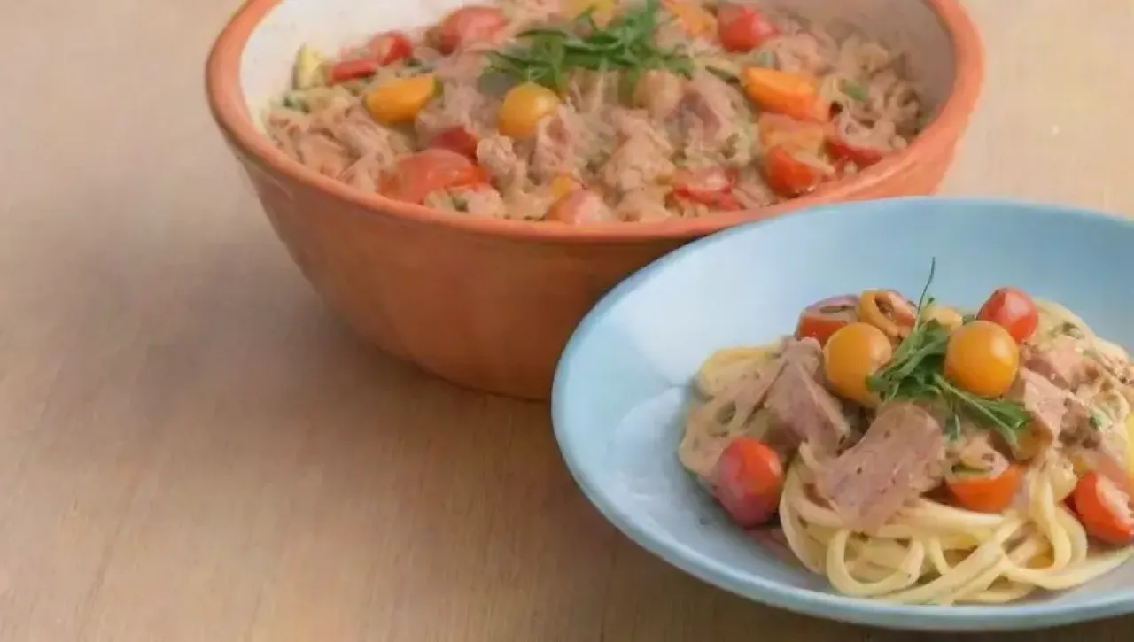 Pasta de atún cremosa y colorida, lista para compartir en un ambiente acogedor