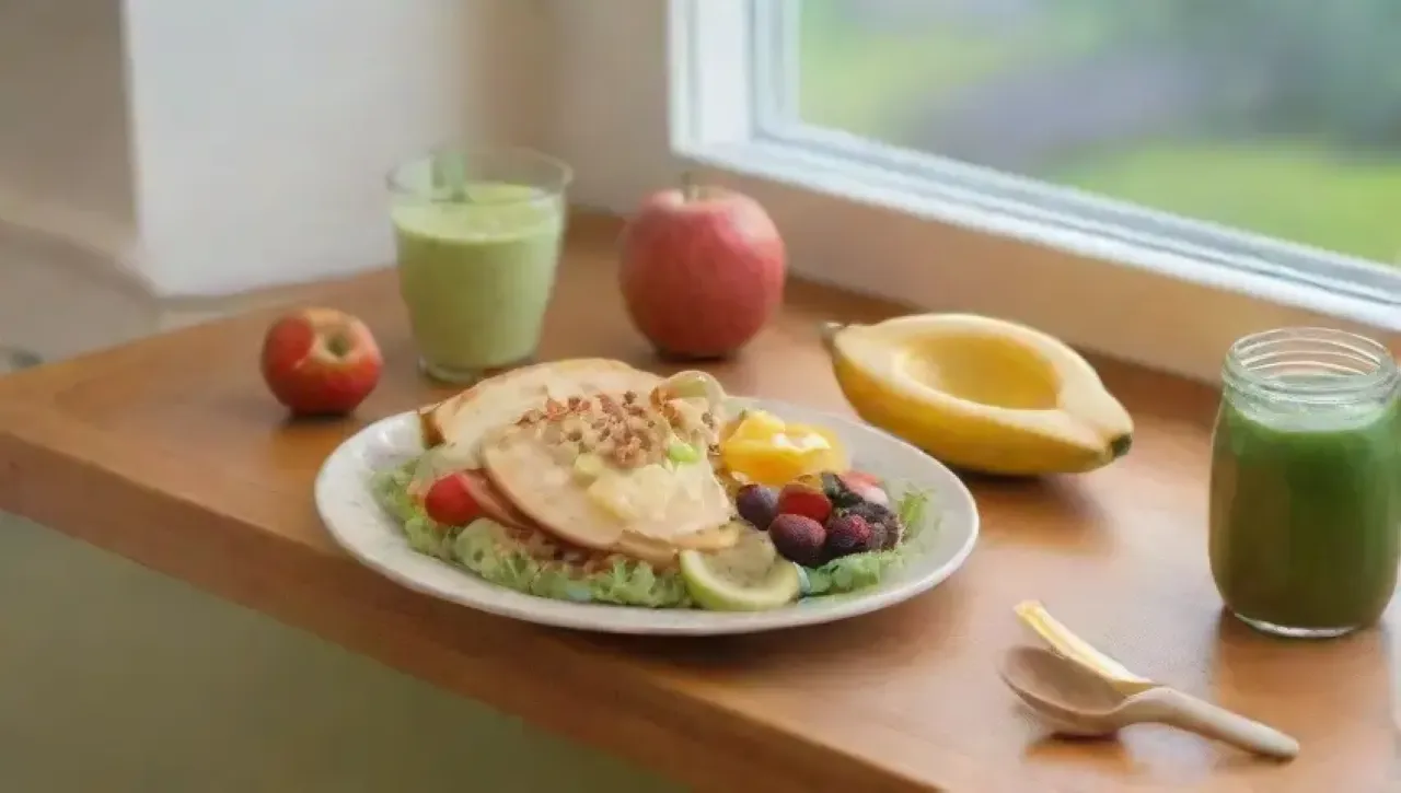 La cocina está iluminada por la mañana, con una mesa llena de un desayuno colorido y saludable