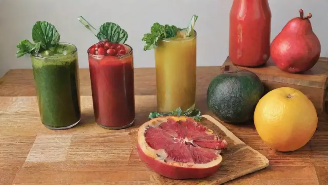 Botellas de jugo vibrantes, frutas coloridas y un ambiente fresco y acogedor