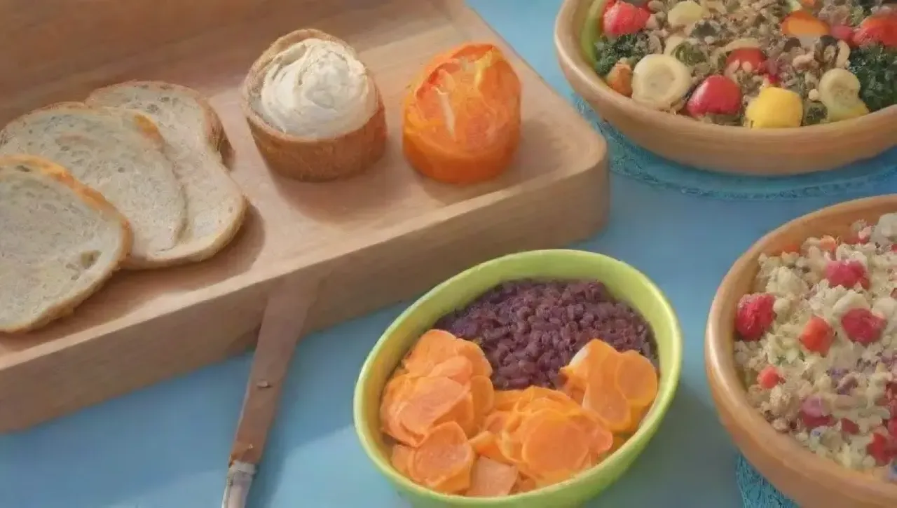 Una cocina alegre y organizada llena de frutas, verduras y un ambiente familiar saludable