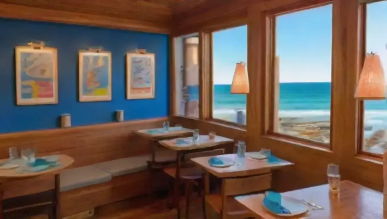 Un restaurante costero con decoración náutica y un ambiente acogedor