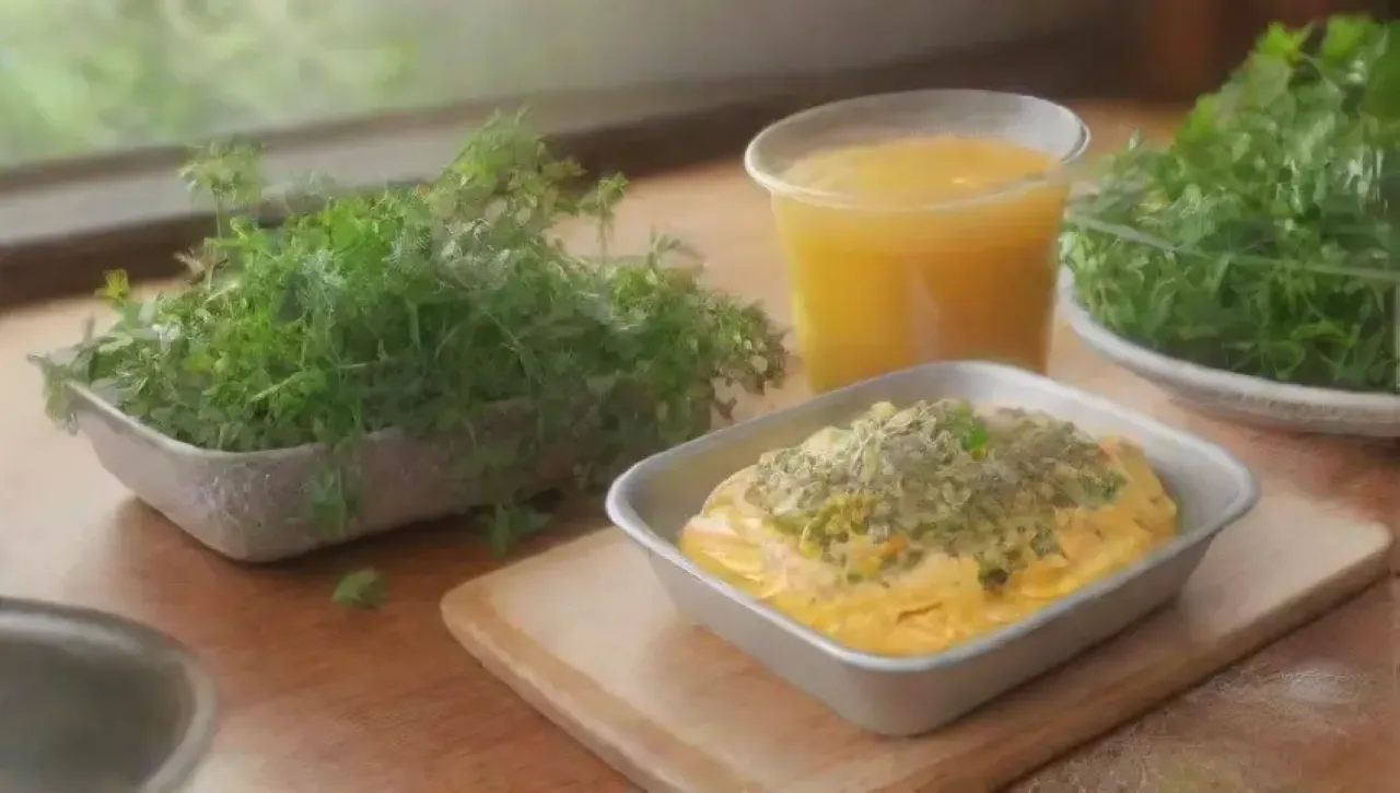 Un acogedor ambiente de cocina con huevos amarillos, hierbas frescas, queso cremoso y aromas deliciosos