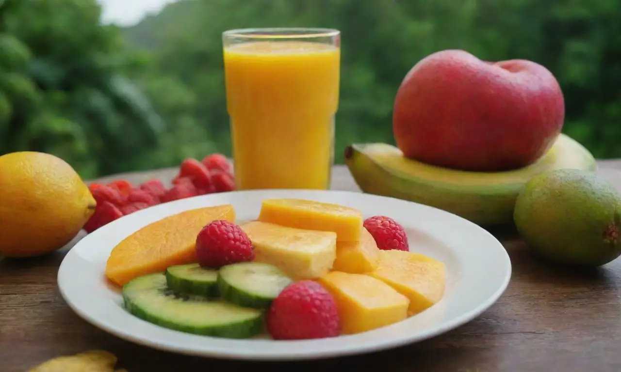 Frutas tropicales y platos vibrantes en un paisaje exuberante