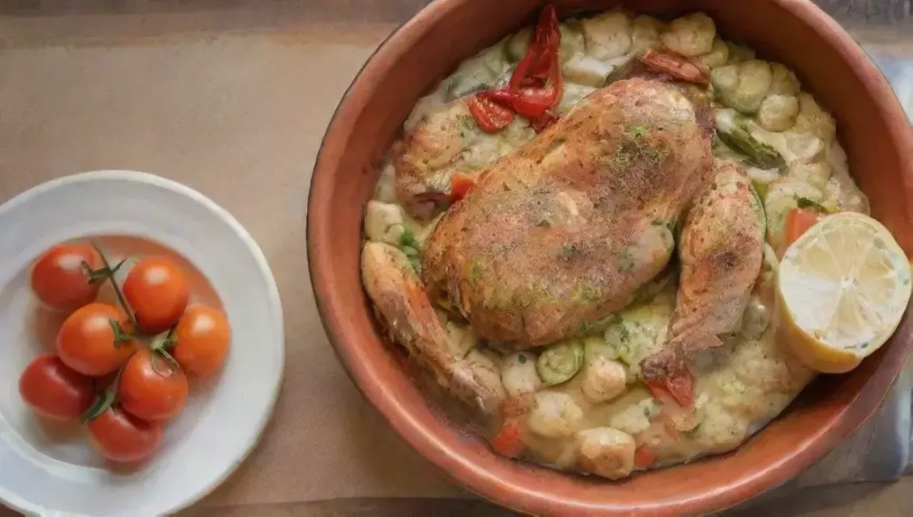 Una mesa rústica con comida deliciosa y una familia riendo en un ambiente acogedor