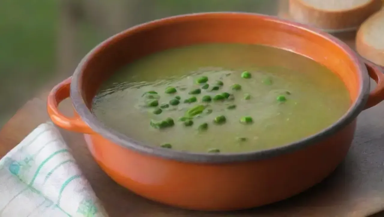Un acogedor y soleado ambiente de cocina con sopa cremosa, guisantes verdes, pan crujiente y frescura de hierbas