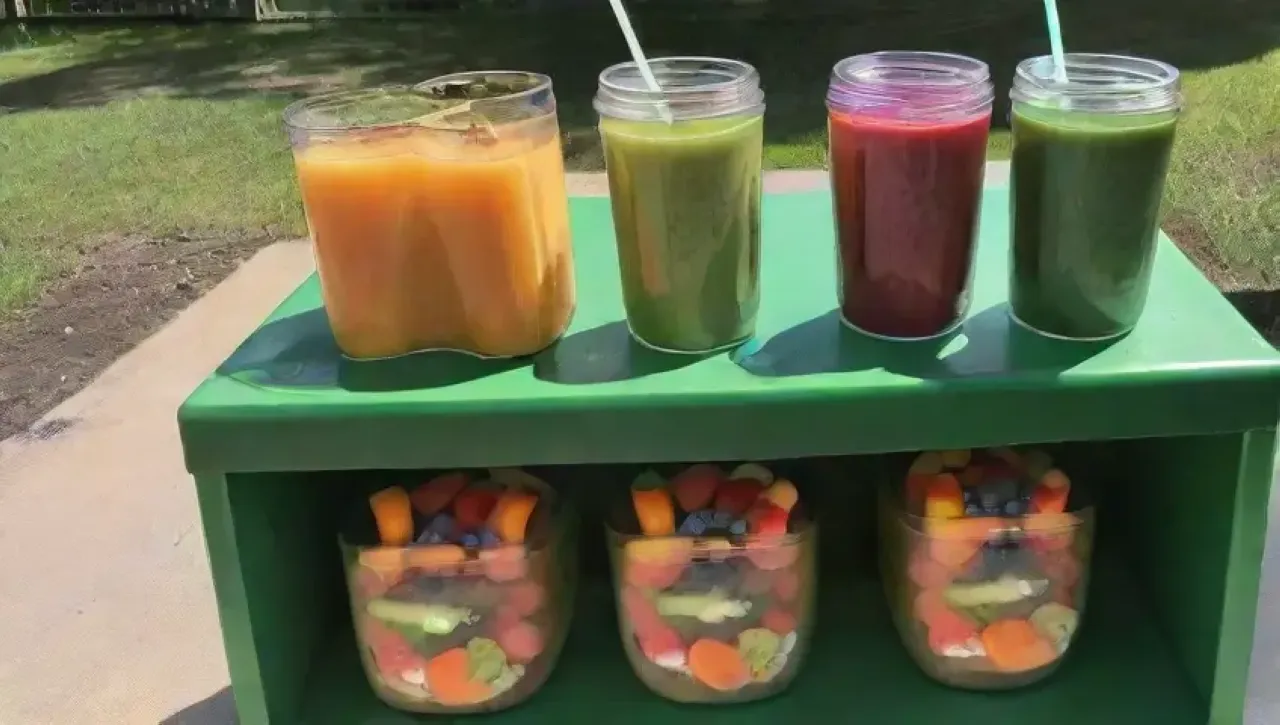 Un colorido y fresco picnic de verano con smoothies y frutas tropicales
