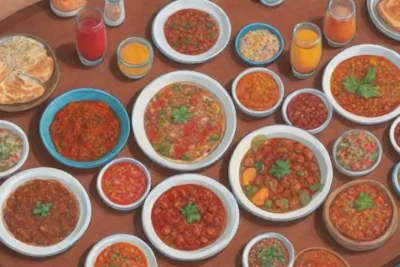 Comida armenia colorida y acogedora con amigos en un ambiente vibrante