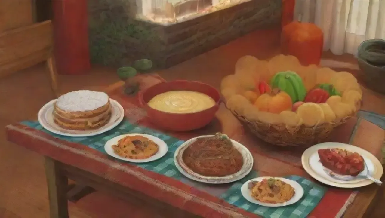 Una cálida cocina rústica llena de aromas, risas y recuerdos familiares en una mesa festiva