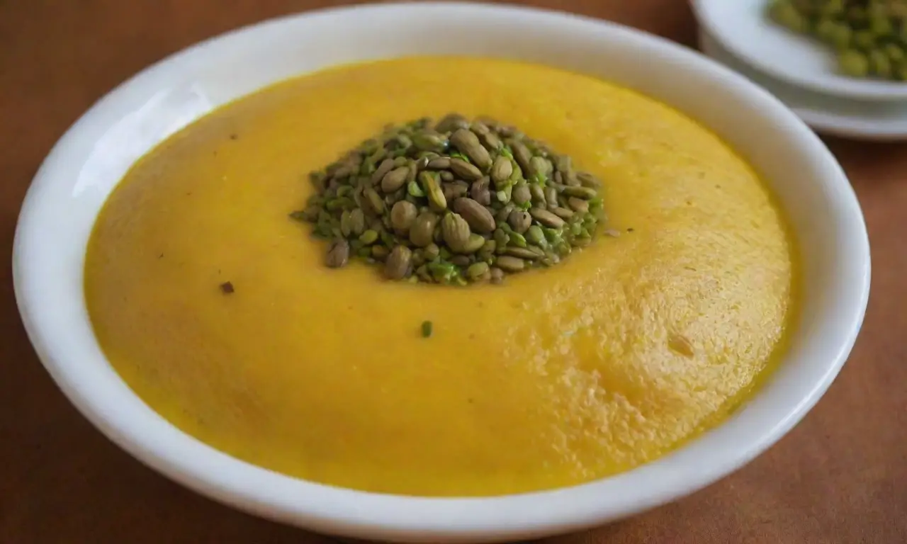 Pudín de azafrán, un postre iraní cremoso y dulce, ideal para celebraciones