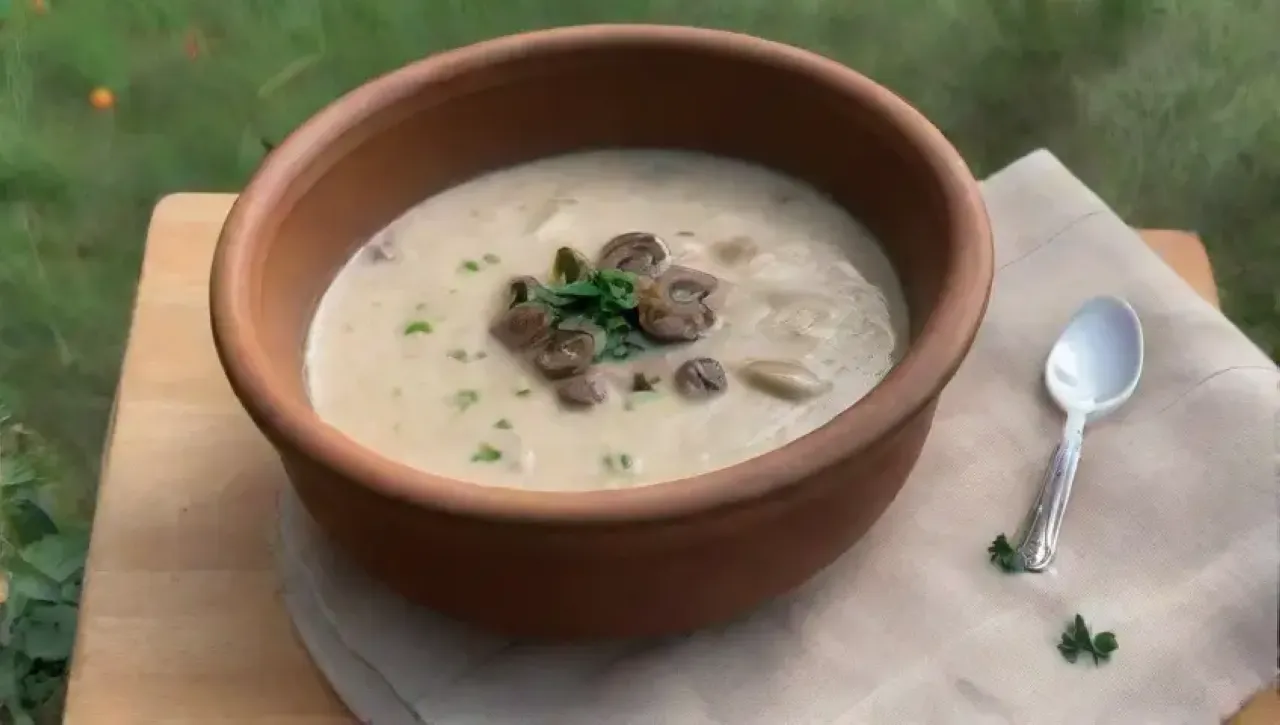 Sopa cremosa de champiñones en un ambiente acogedor, con ingredientes simples y aromas familiares