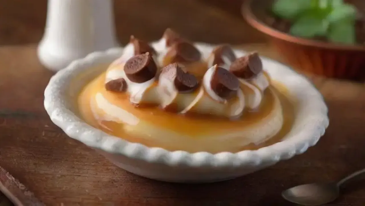 Un postre de caramelo dorado y suave, servido en un elegante plato, que evoca risas y recuerdos familiares