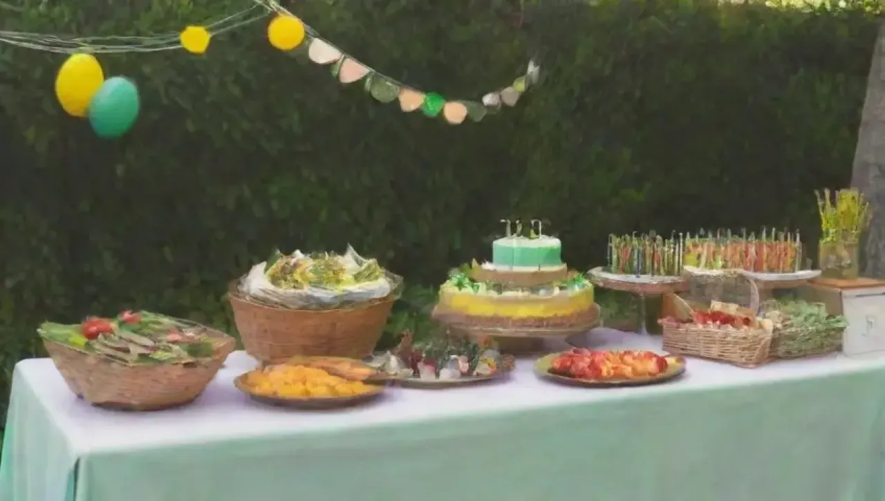 Una celebración vibrante y alegre con decoración colorida, deliciosa comida vegana y un ambiente festivo